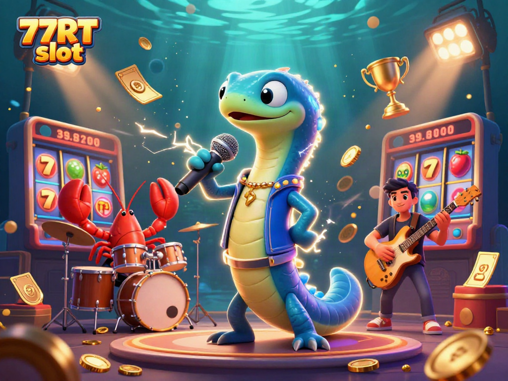 Experience the thrill of 77RT slot with vibrant underwater casino action featuring an electric eel DJ.