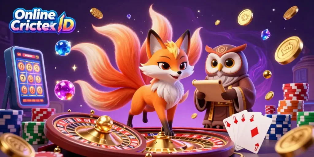 Engage with the ultimate Online Cricket ID experience featuring a colorful cricket betting scene with a mystical fox and owl.