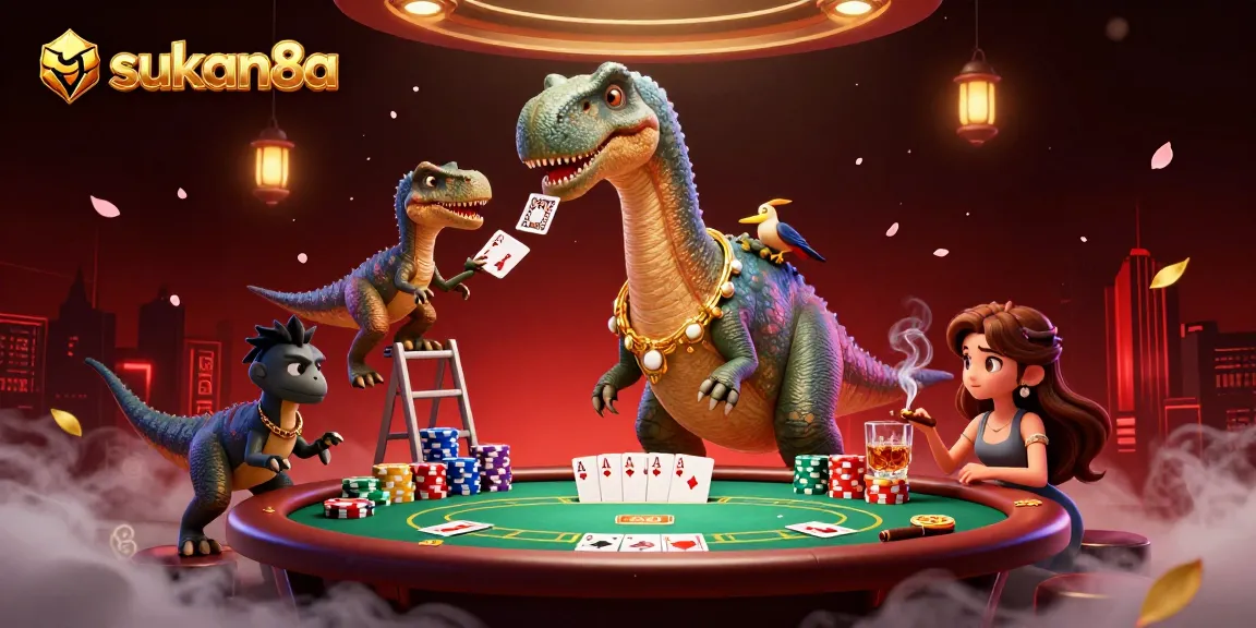 Sukan8a features a dynamic 3D casino scene with a brontosaurus overseeing a poker table.