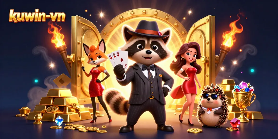 Engage in thrilling gameplay at kuwin-vn with raccoon, fox, and hedgehog characters amidst treasure and gems.