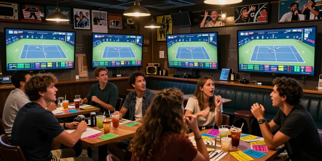 Exciting tennis betting atmosphere at https://statymuzona.lt/, showcasing fans engaged in live matches and betting.