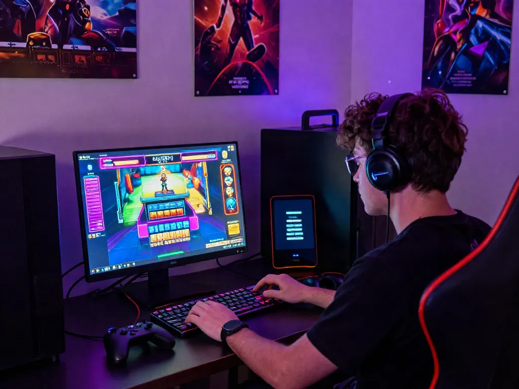 A person immersed in the akunjp online gaming experience at a stylish desk.