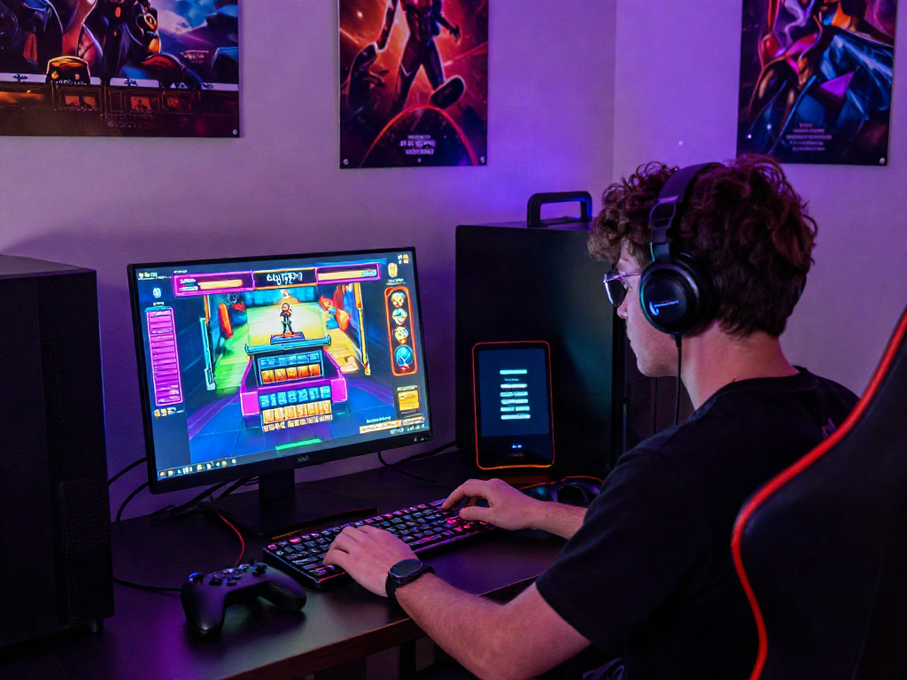A person immersed in the akunjp online gaming experience at a stylish desk.