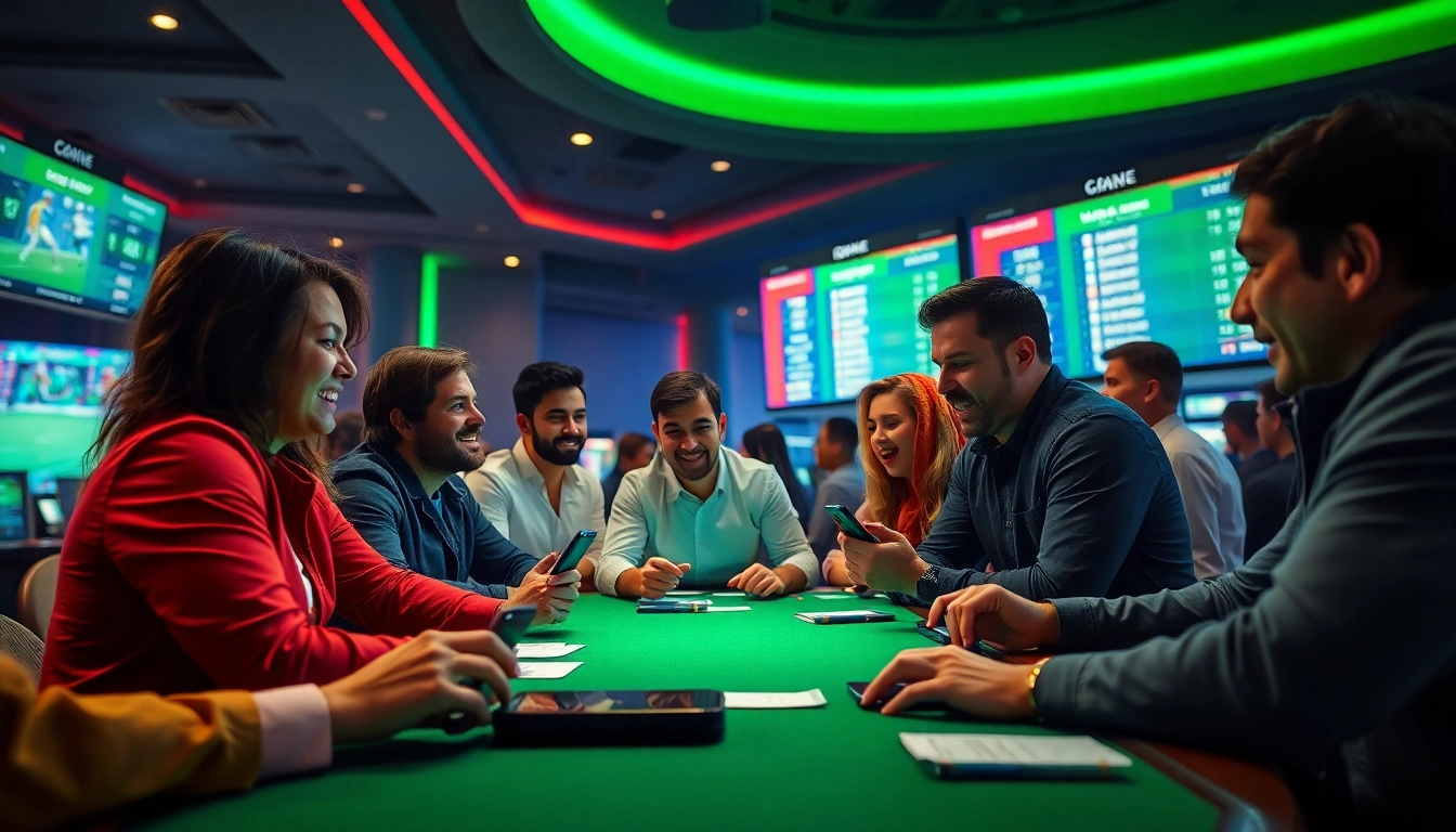 Engaging sports betting Malaysia atmosphere featuring enthusiastic bettors at a casino table.