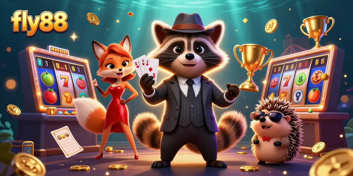 Experience exhilarating gameplay at fly88 with a raccoon and fox duo amidst vibrant slot elements.