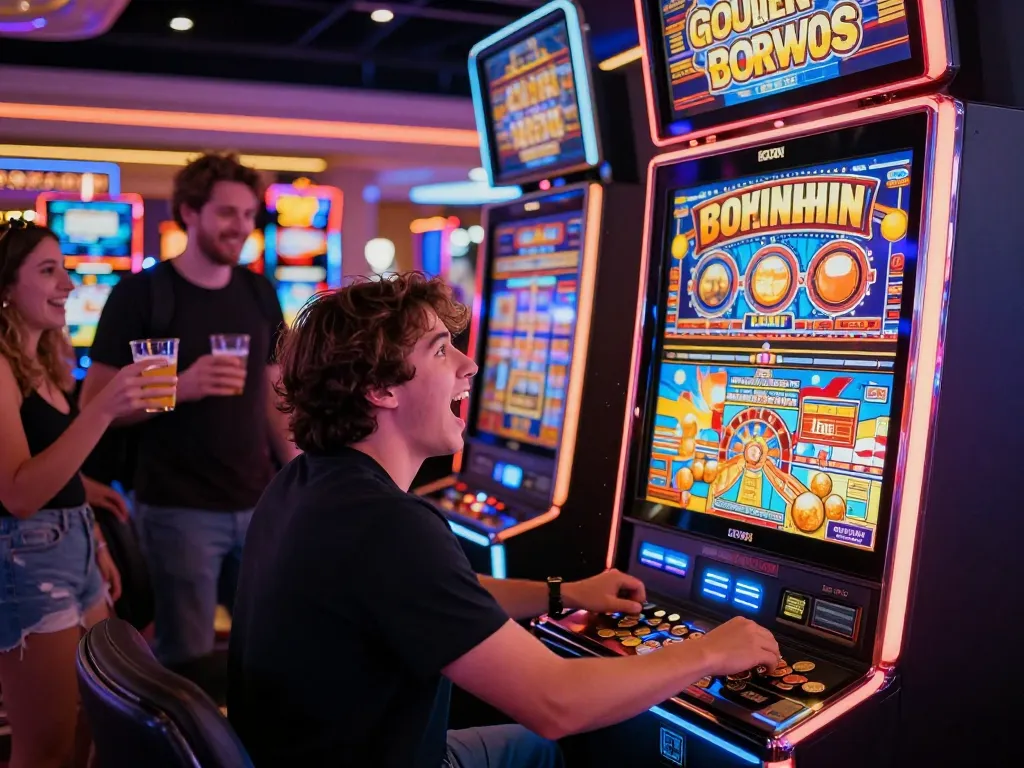 Enthusiast playing a link slot machine in a bustling Las Vegas casino atmosphere.