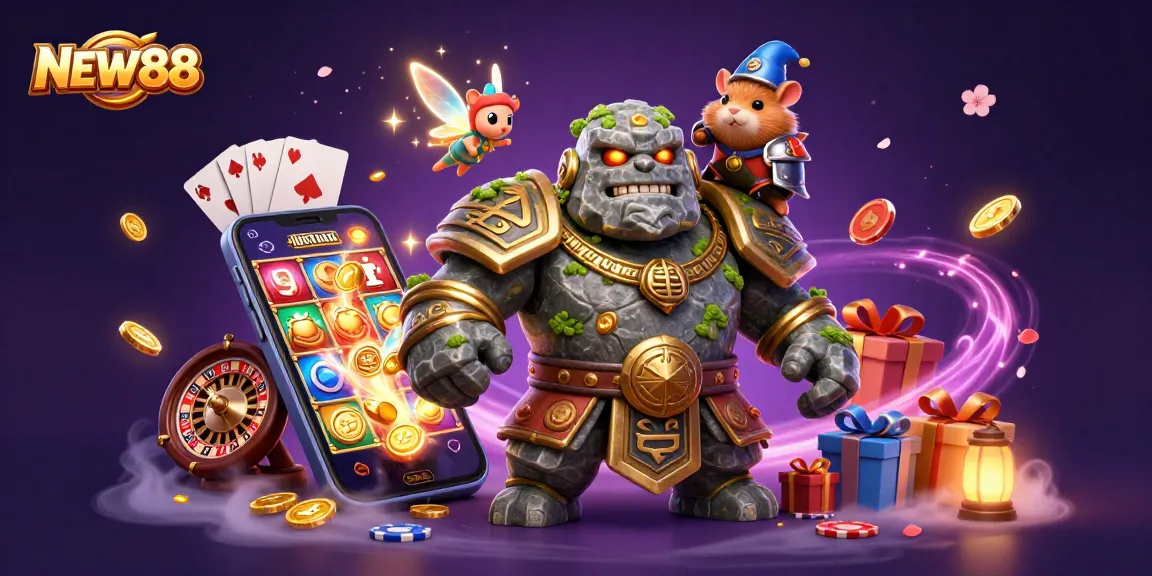 Experience exciting gameplay with NEW88 in a vibrant 3D illustration featuring magical characters and casino elements.