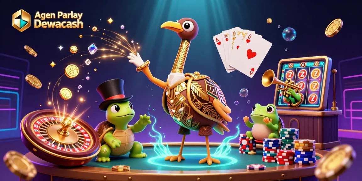 Agen Parlay Dewacash shimmers with vibrant slot games and exciting casino dynamics in a lively 3D scene.