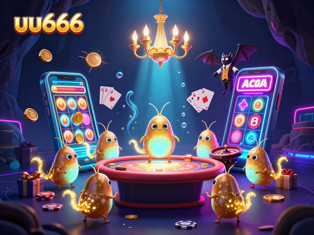 Illuminate your gaming experience with uu666's captivating casino scene featuring glowworms, a bat dealer, and vibrant slot visuals.