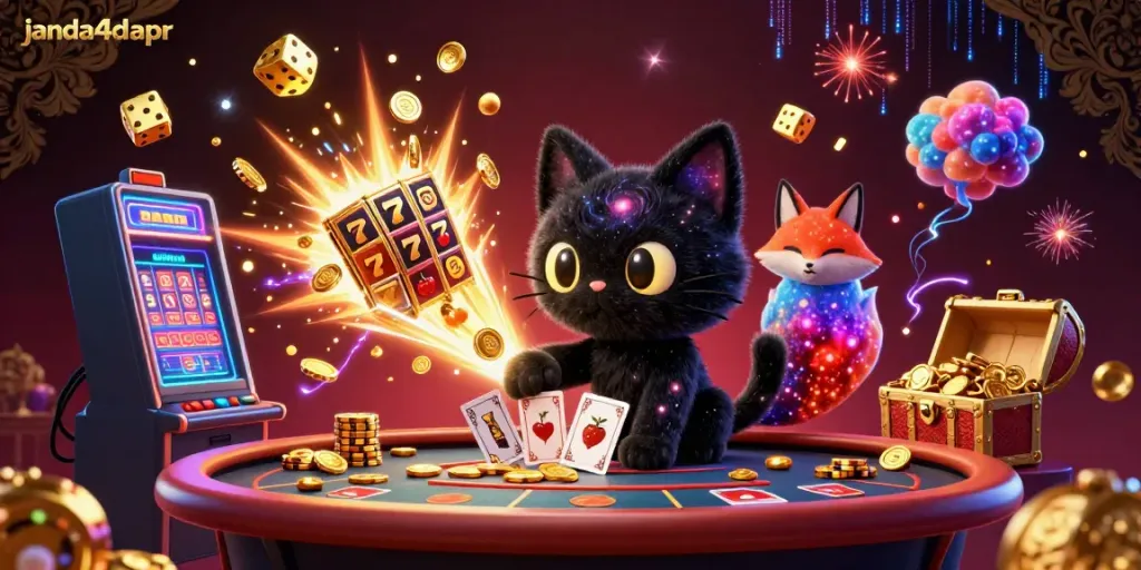 Permainan slot digital janda4dapr yang menarik dengan karakter kucing dan rubah di kasino cosmic.