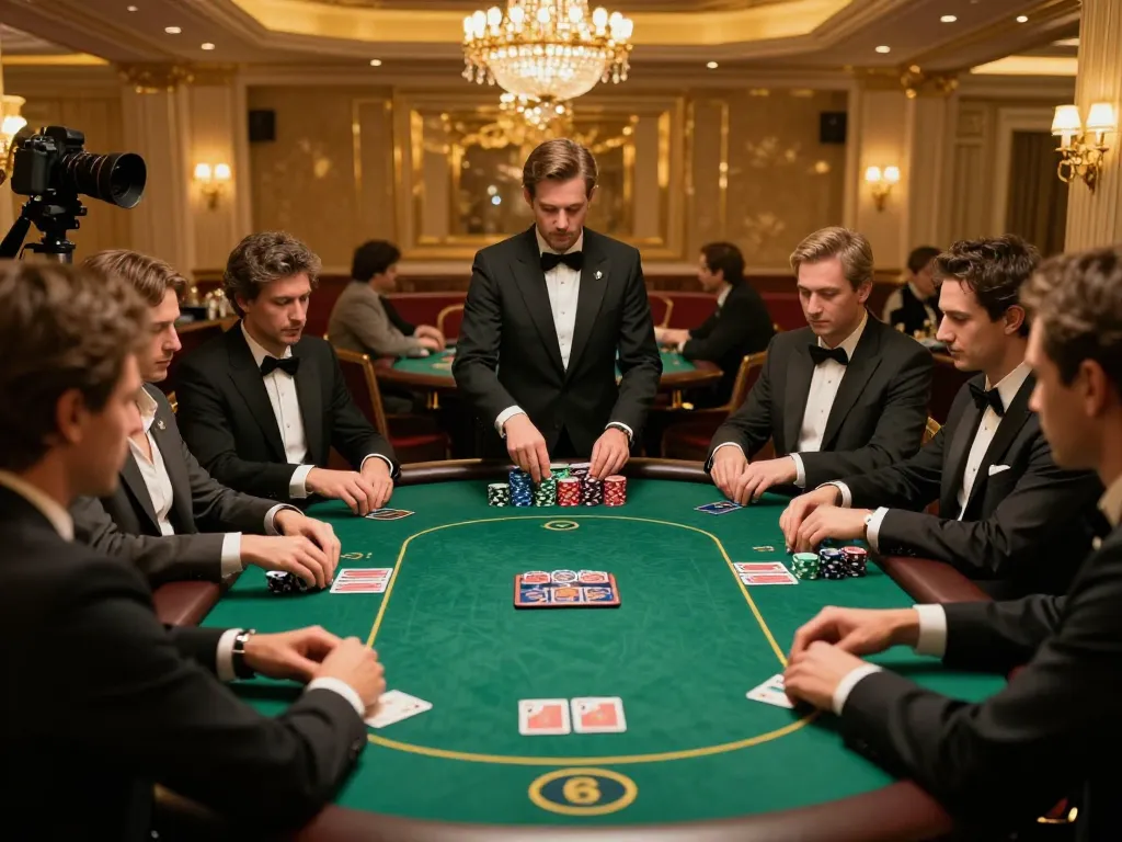 NET88 players engaging in a high-stakes poker game at a luxurious casino with elegant atmosphere.