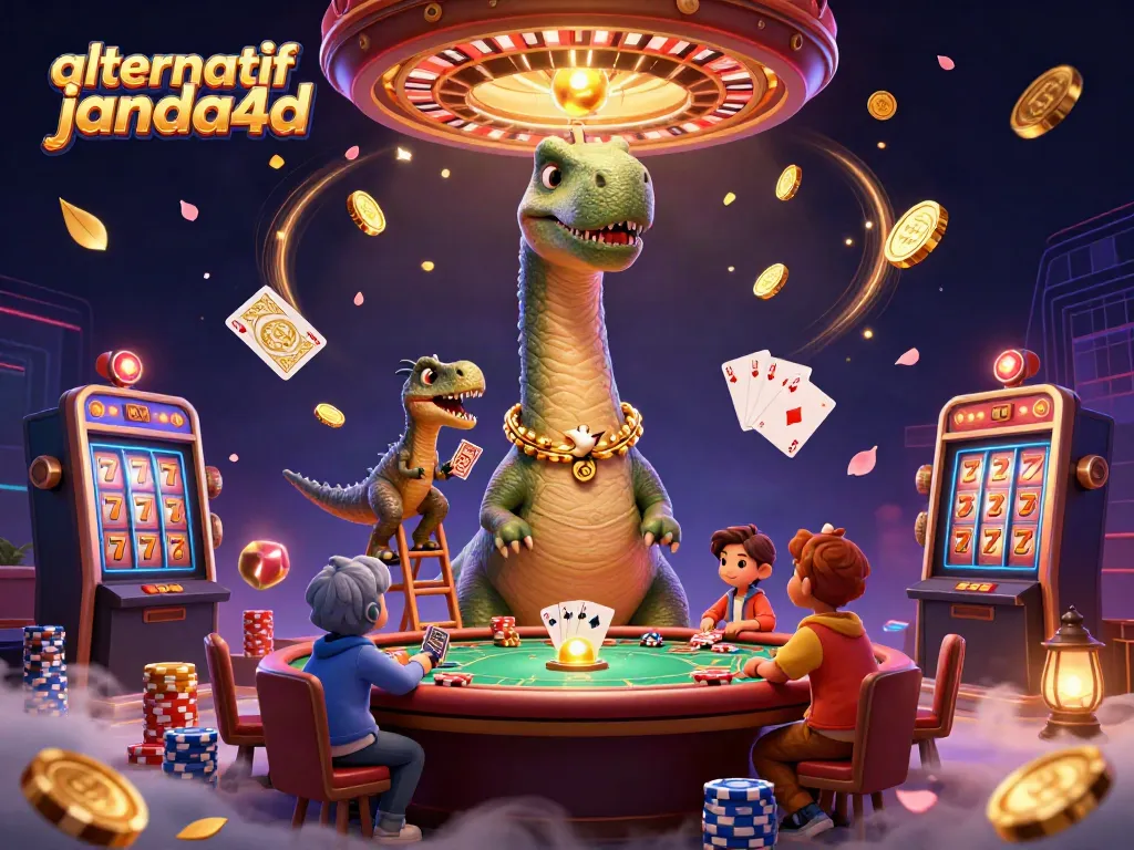 Gambaran alternatif Janda4D dengan dinosaurus 3D dan elemen kasino yang dinamis dan berwarna-warni
