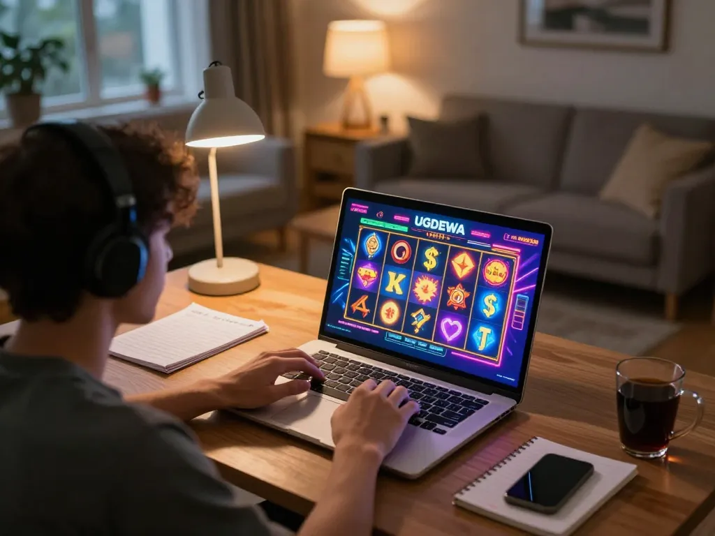 Engaging in online gaming at UGDEWA, showcasing vibrant slot graphics on a laptop in a cozy home atmosphere.