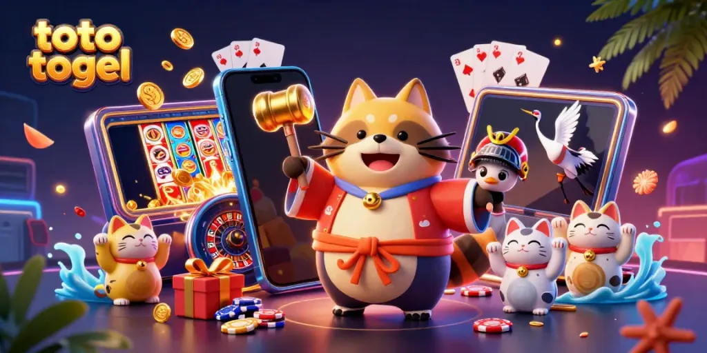 Experience winning excitement with toto togel as a cheerful tanuki and crane celebrate fortune in a vibrant casino scene.