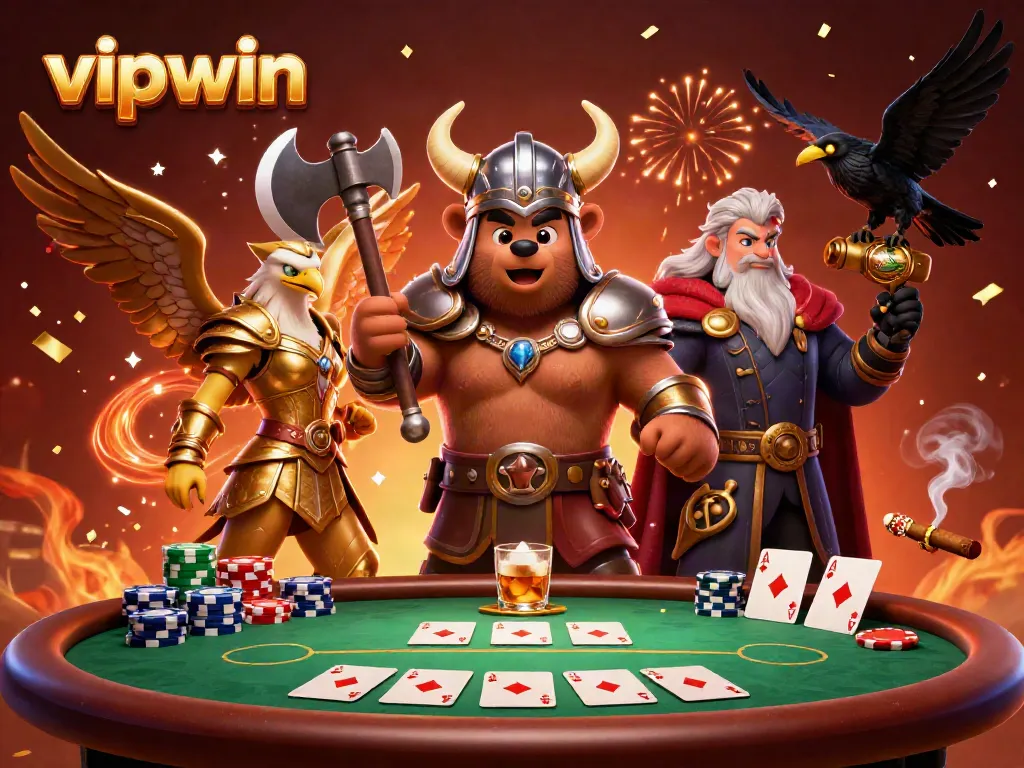 Engage in thrilling action at vipwin with a cartoon Viking bear, eagle, and vibrant gambling elements.