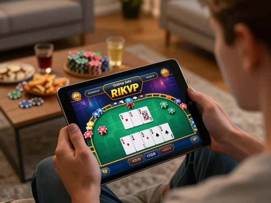 Engaging in RIKVIP online poker game on a tablet with snacks and drinks nearby.
