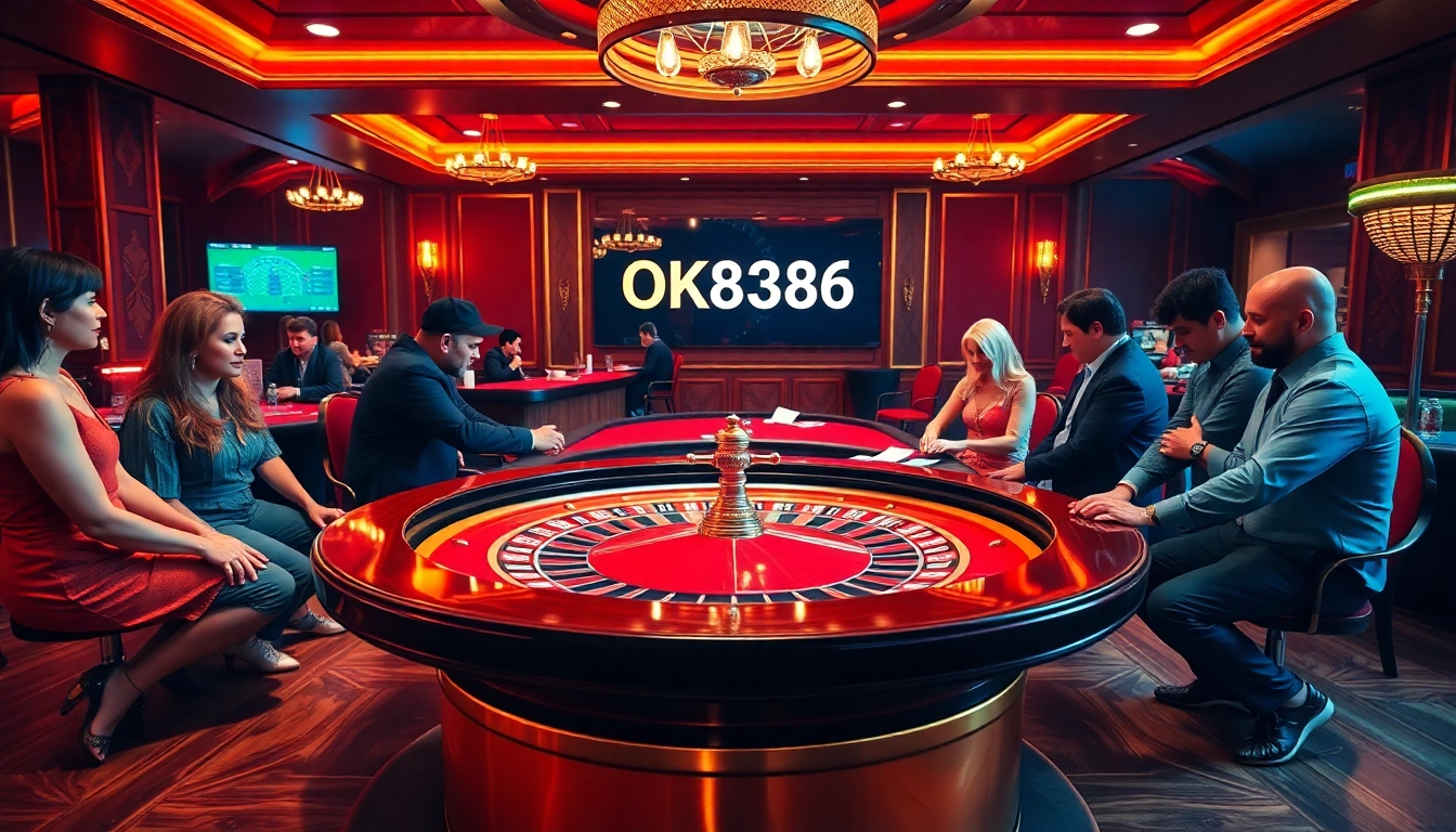 Engaged players centered around a roulette table in a luxurious casino setting, featuring the keyword OK8386.