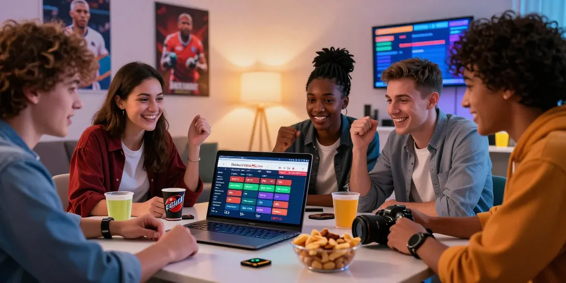 Group of friends discussing sports betting on https://open88c.com/ with snacks and memorabilia in a vibrant gaming atmosphere.