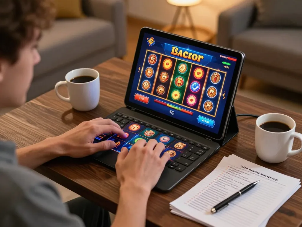 Player exploring link gacor options on a tablet in a cozy home setting during online gaming