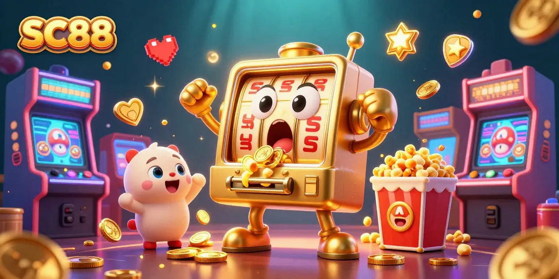 Spin the SC88 jackpot with cheerful cartoon slot machines, vibrant gaming elements, and a lively atmosphere.