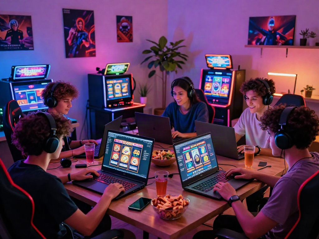 SLOT GACOR gaming scene with friends enjoying colorful slot machines on laptops.