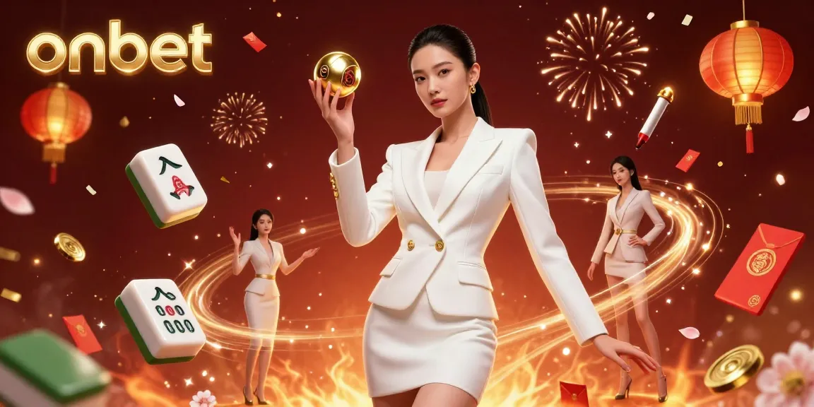 Experience the thrill of onbet with a glamorous Asian woman holding a roulette ball in a rich casino environment.