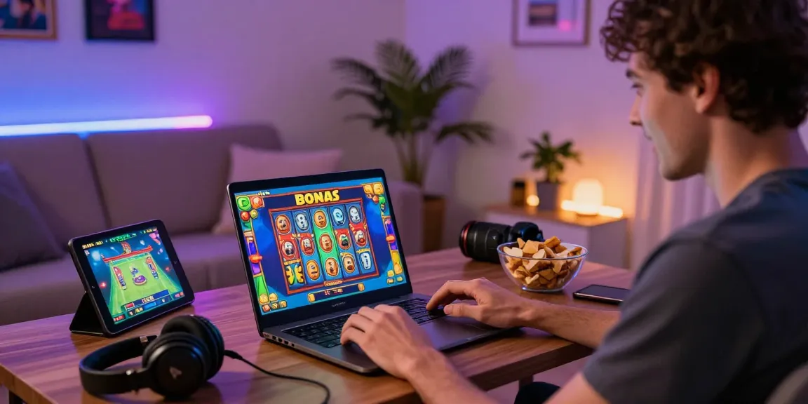 Exciting gaming scene at https://crownnorthill.co.uk with a player enjoying bonus buy slots in a cozy home environment.