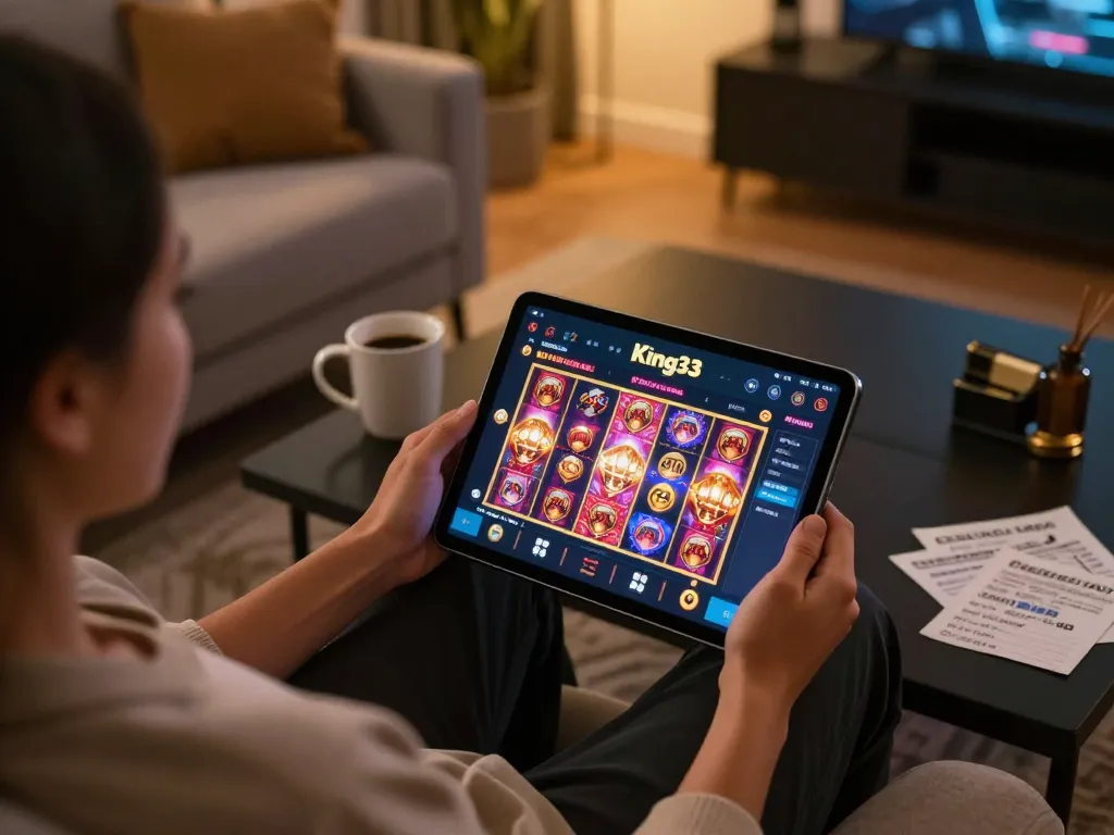Engaging with the King33 casino app on a cozy home setup while enjoying online gambling