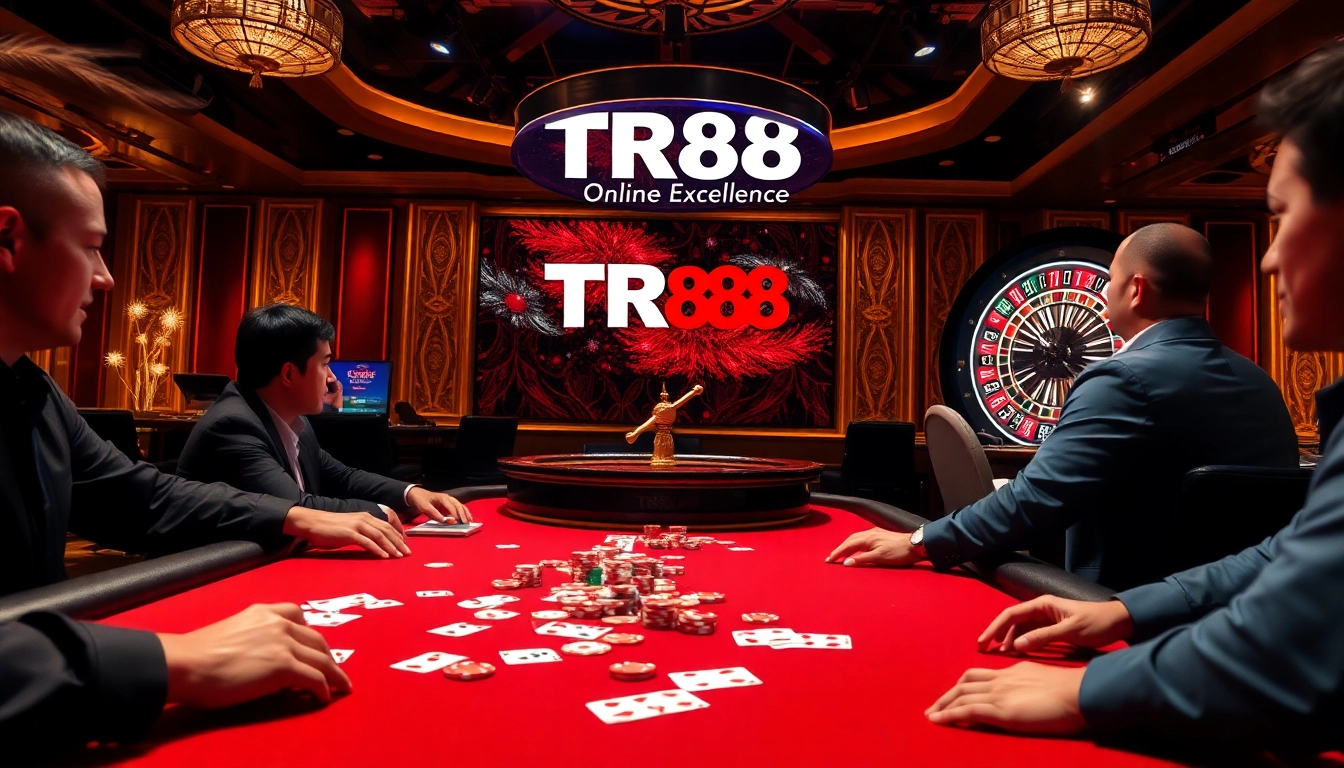 Players enjoying high-stakes poker at a TR88 casino table, surrounded by luxury and excitement.