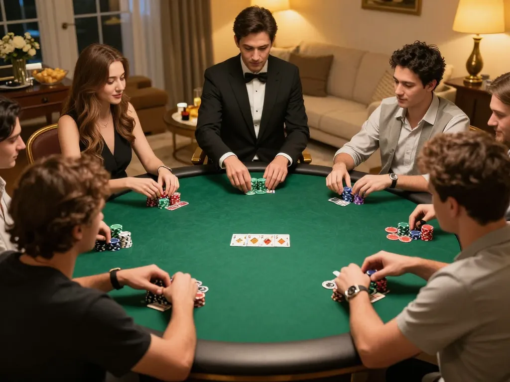 Engaging poker game with friends, showcasing ดูหนังออนไลน์ฟรี strategies and competitive gameplay.