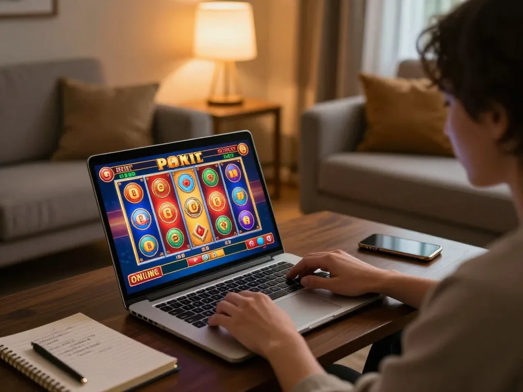 Engaging in a situs slot game with vibrant colors on a laptop at home, showcasing a cozy online gaming atmosphere.