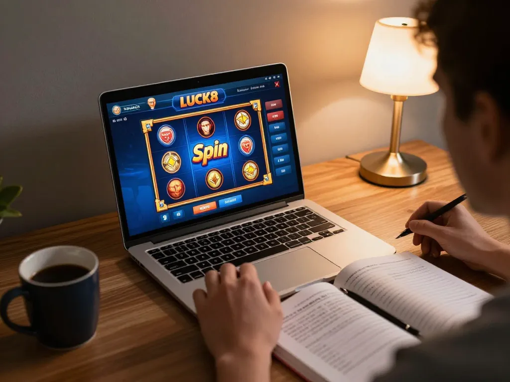Người chơi tương tác với ứng dụng lucks8 cho các trò chơi slot trực tuyến, thể hiện sự phấn khích và thiết lập chơi game có trách nhiệm.