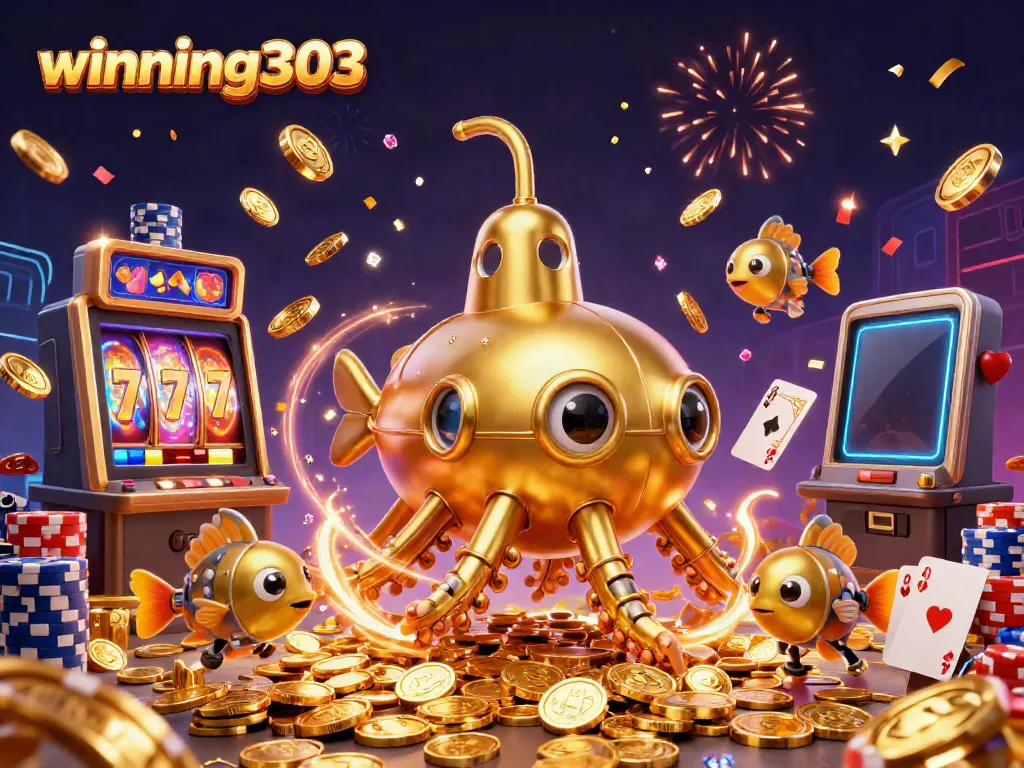 Experience thrilling gameplay with winning303's vibrant 3D illustration showcasing exciting slots and jackpots.