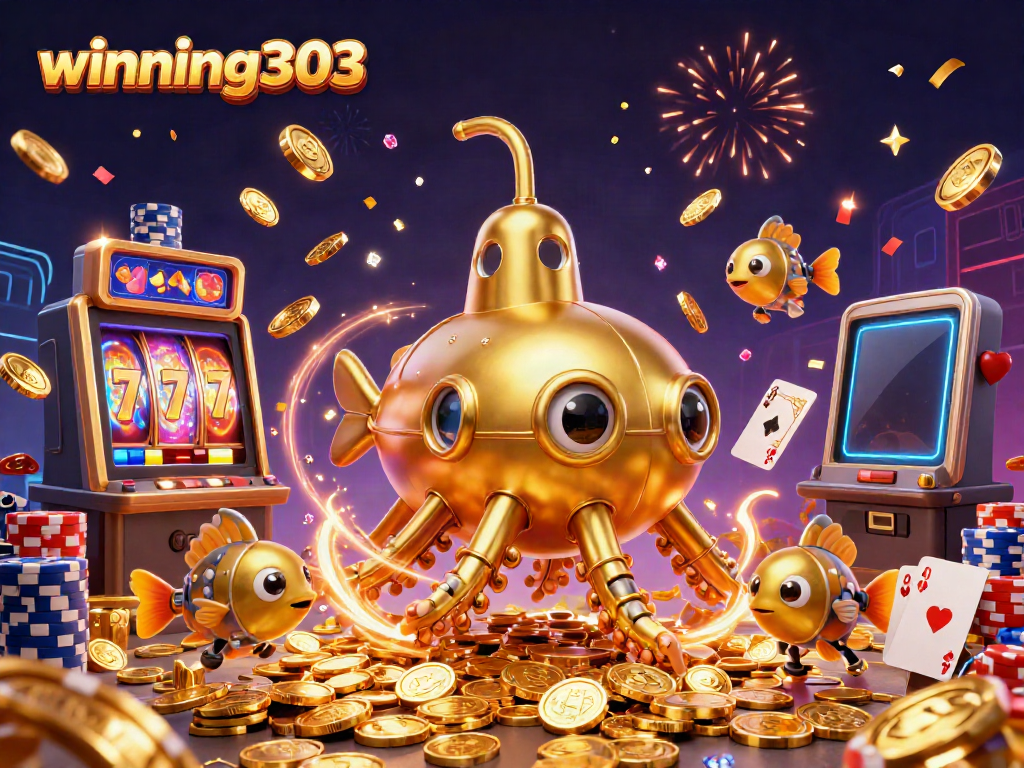 Experience thrilling gameplay with winning303's vibrant 3D illustration showcasing exciting slots and jackpots.