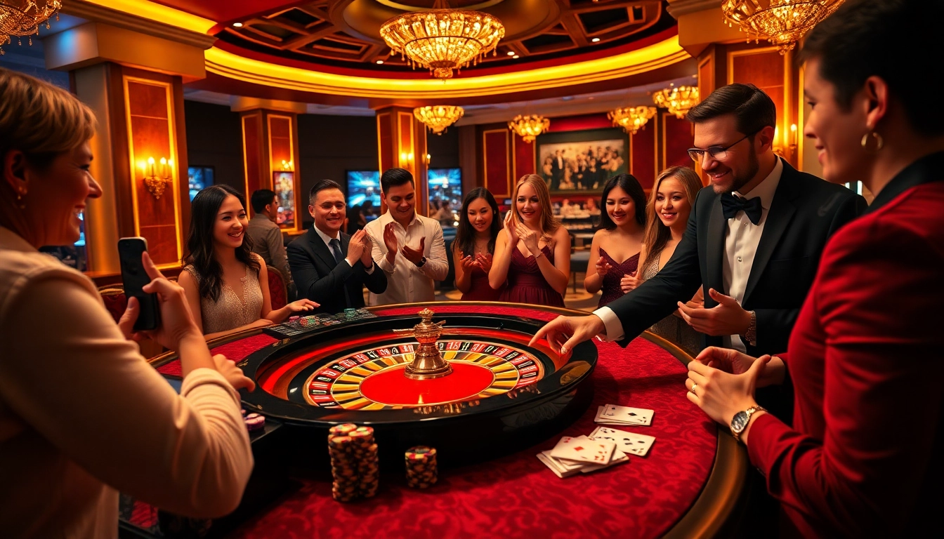 Xoso66 casino scene with engaging players around a roulette wheel, emphasizing excitement.