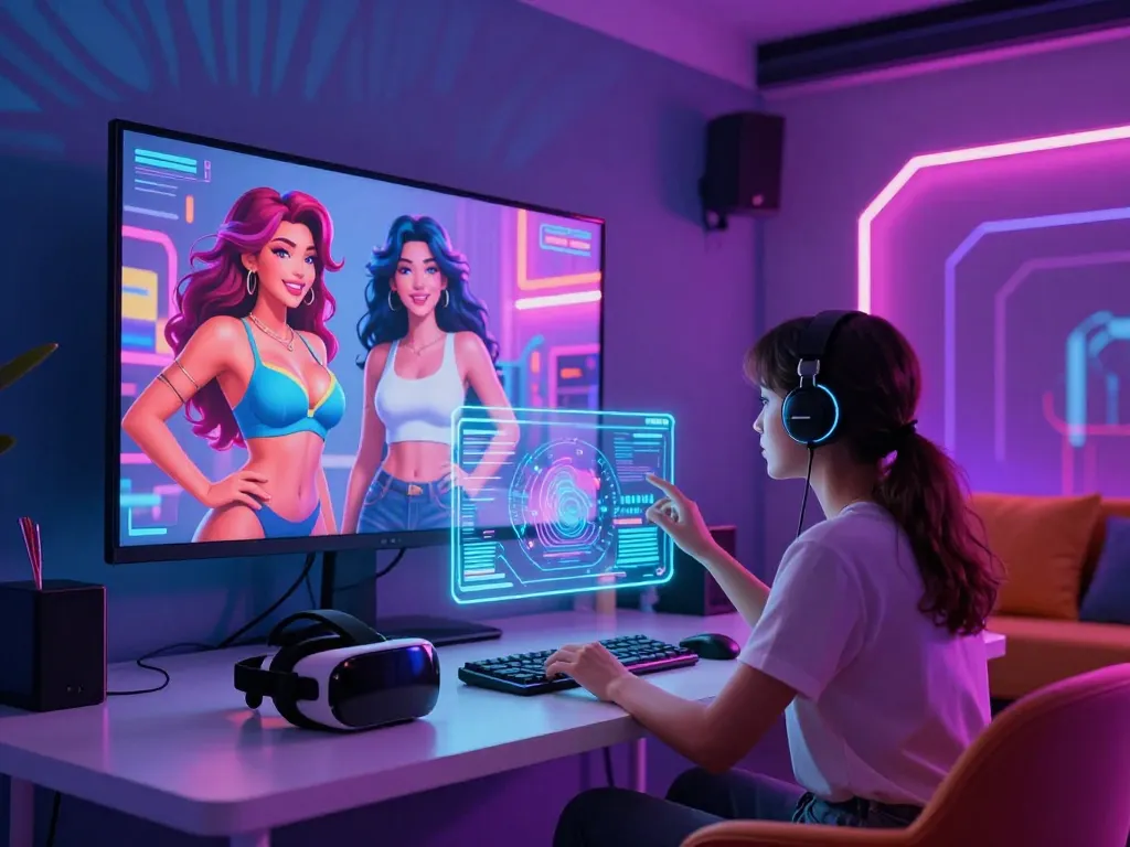 User enjoying an interactive nsfw ai experience with holographic characters and futuristic technology.