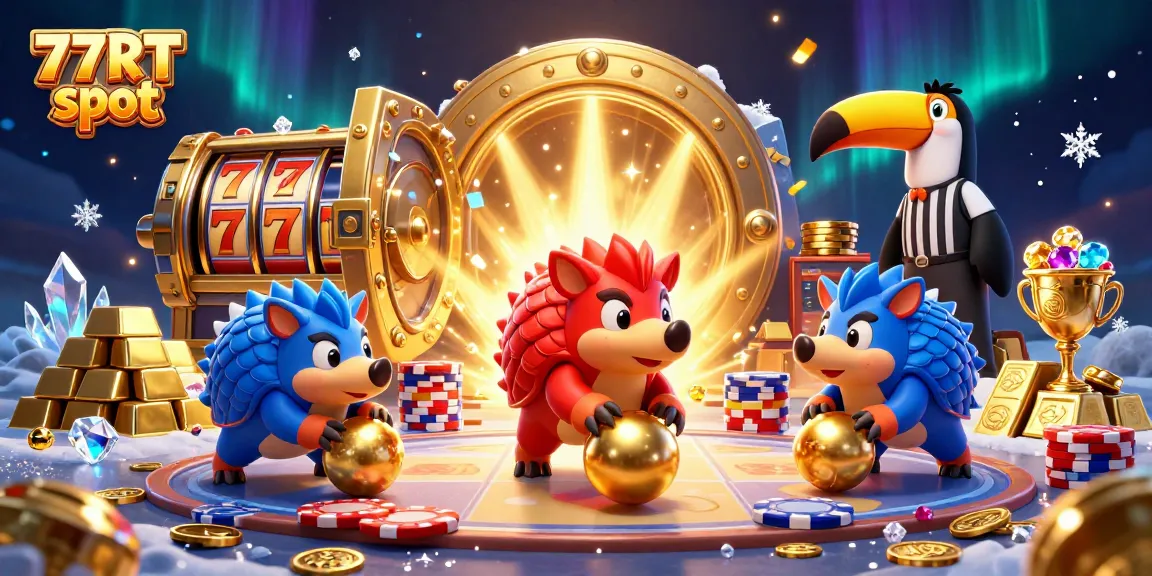 Spin to win with 77RT slot, featuring animated pangolins bowling through poker chips in a casino setting.
