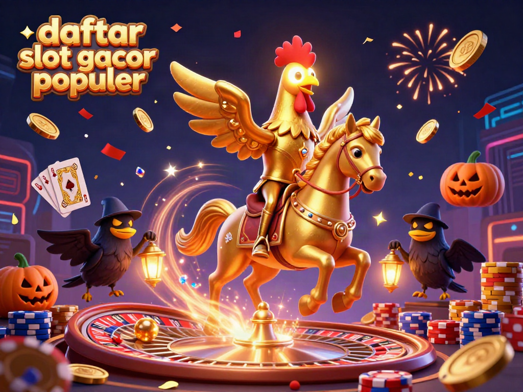 Gambarkan daftar slot gacor populer dengan simbol keberuntungan dan nuansa kasino yang meriah.