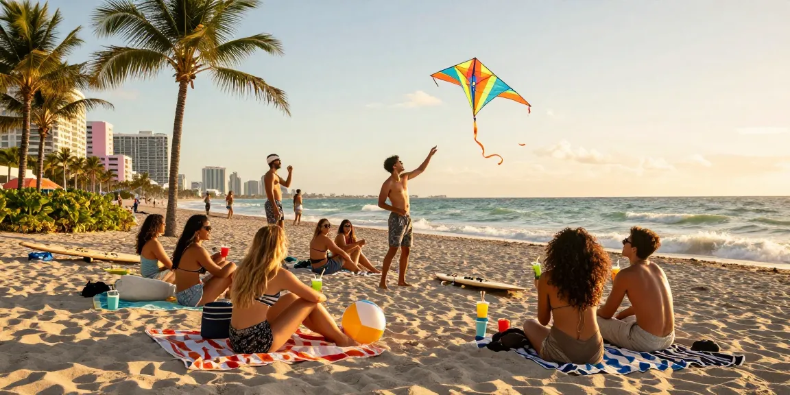 Teman-teman menikmati waktu di pantai Miami di https://miami4d.com/ saat matahari terbenam.