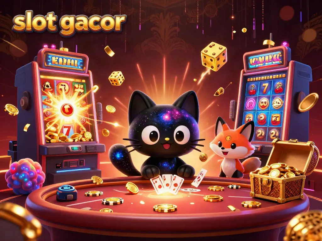 Engaging scene of a slot gacor-themed cosmic casino with whimsical characters and vibrant game elements.