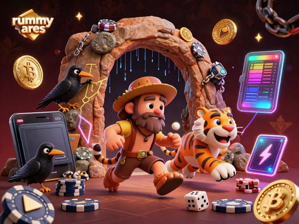 Experience vibrant rummy ares gaming with caveman and sabertooth casino duo amidst crypto elements.