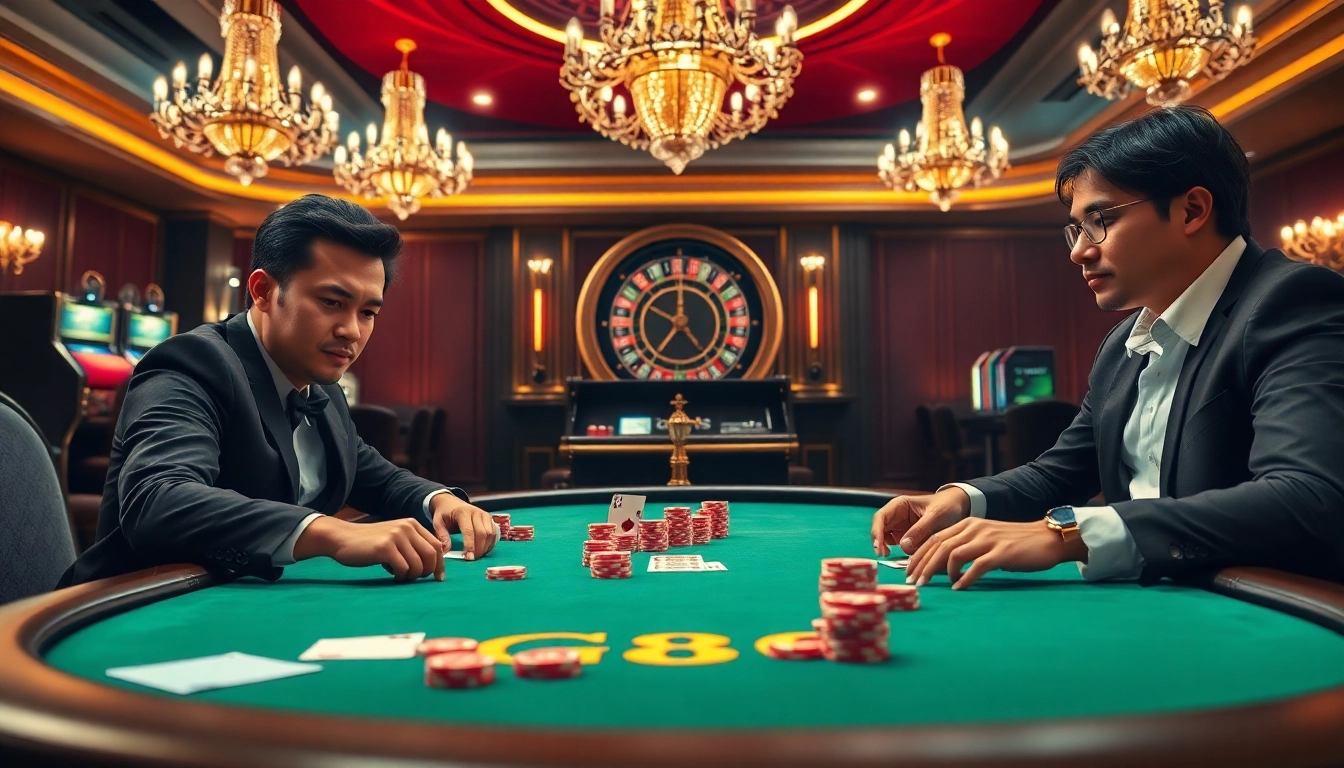 Players engage intensely in a poker game at GG88's luxurious casino, highlighting excitement and strategy.