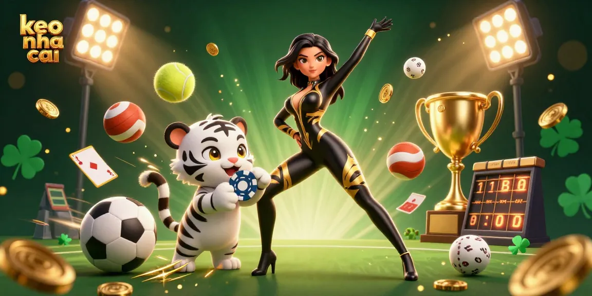 Experience keo nha cai in a dynamic gambling-themed scene with acrobatic characters and sports elements.