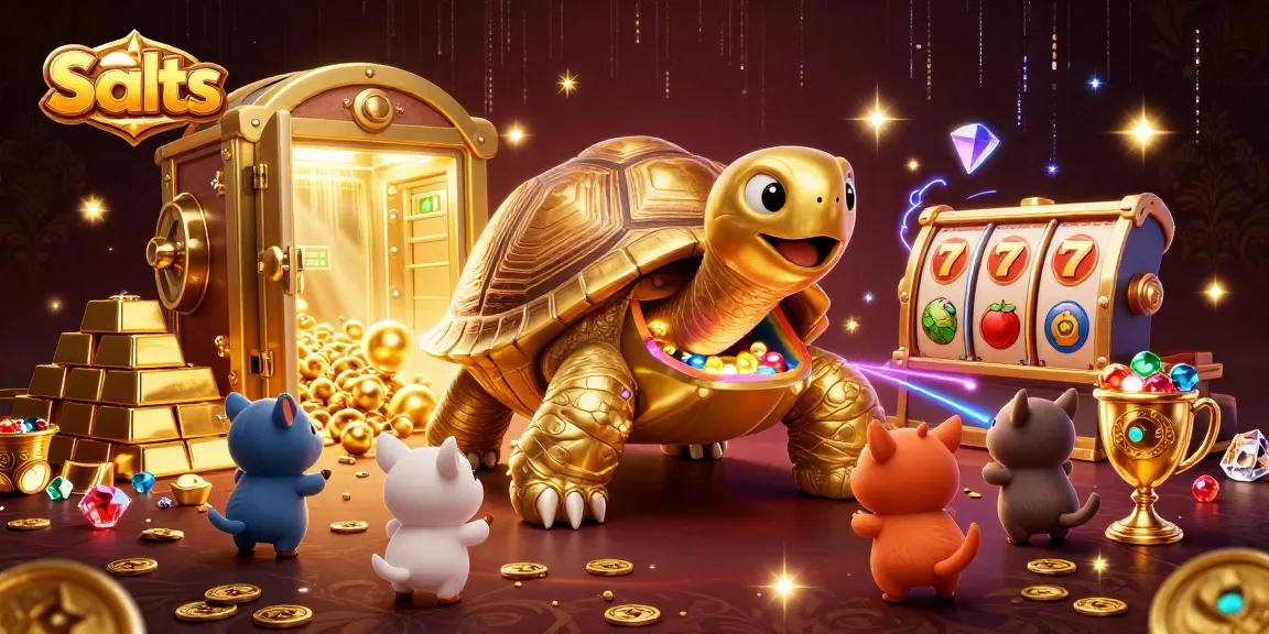 Spin and win on vibrant Slots with golden tortoise and treasure bursting with excitement.