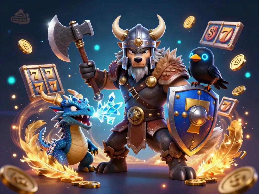 Gpermain slots situs gwp168 dengan Viking, naga, dan burung gagak di latar kasino yang megah.