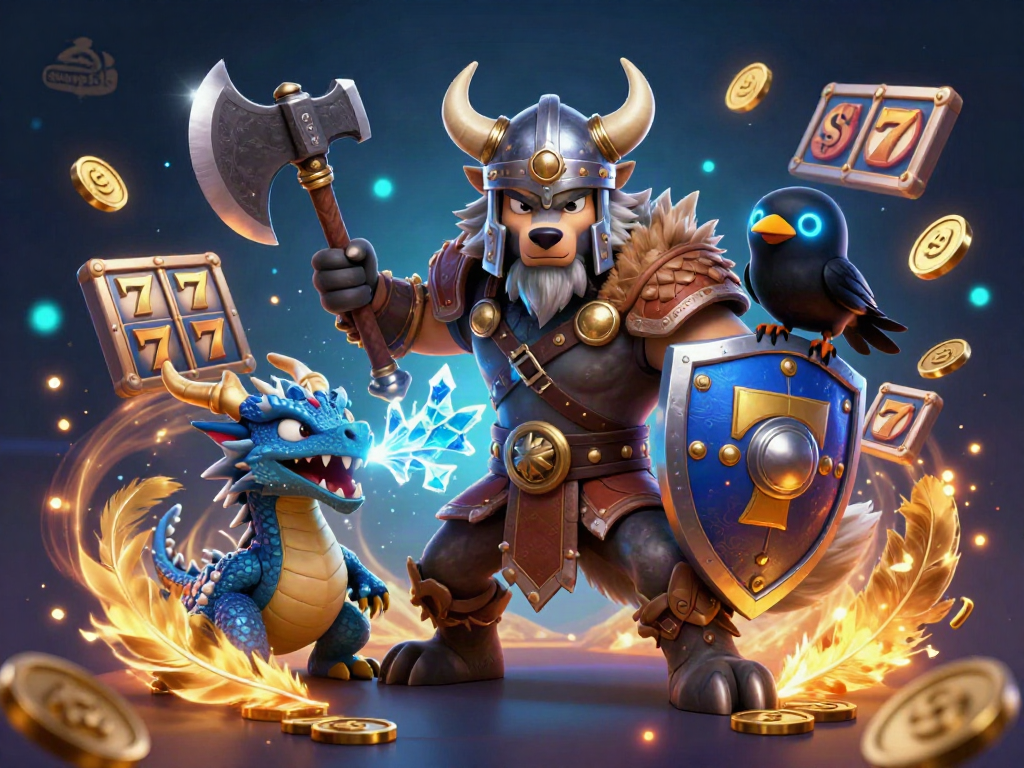 Gpermain slots situs gwp168 dengan Viking, naga, dan burung gagak di latar kasino yang megah.