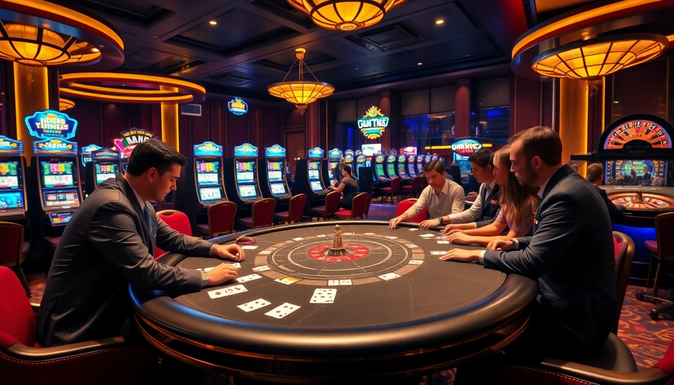 Jun88 gaming table with players enjoying poker in a luxurious casino setting.