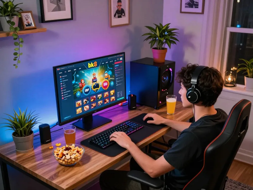 Engaged player enjoying bk8 online casino gaming at home with a vibrant setup