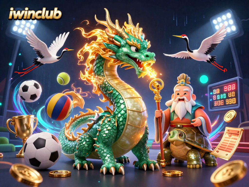 Engage with iwinclub's thrilling scene featuring a jade dragon, turtle sage, and cranes amidst betting excitement.