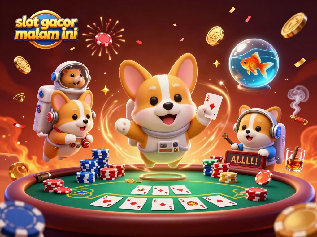 Mainkan slot gacor malam ini dengan corgi astronot di kasino luar angkasa yang penuh dengan chip poker dan koin emas.